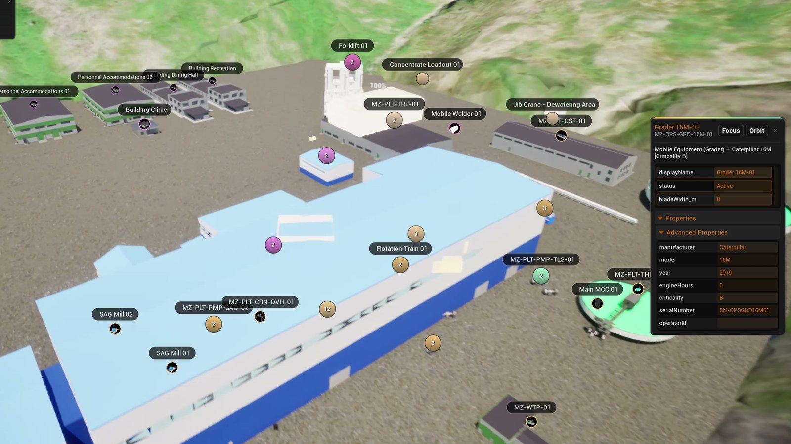 Plant area in the 3D twin with every piece of equipment labelled as a twin
