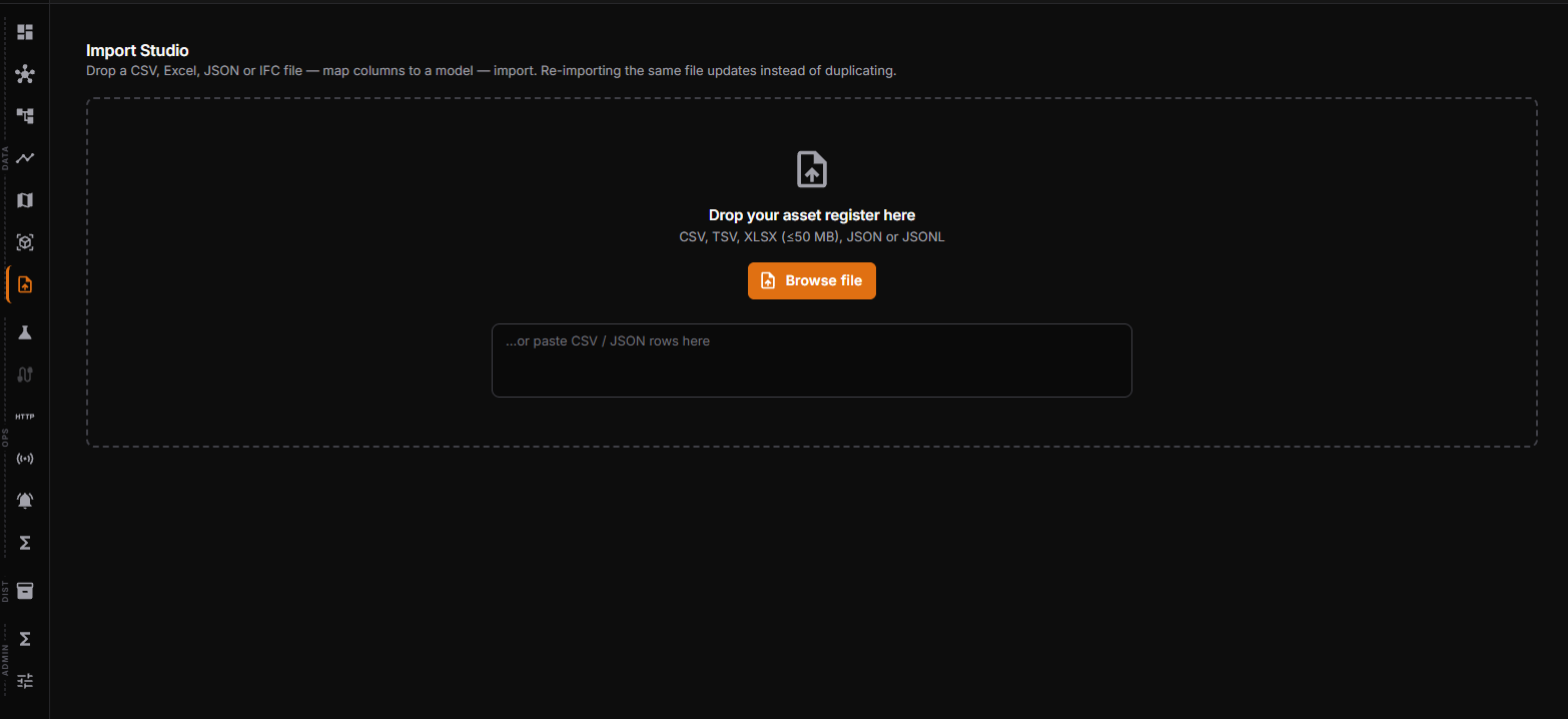 MineTwin Import Studio: drop an asset register as CSV, TSV, XLSX, JSON or JSONL, map columns to a model, and import