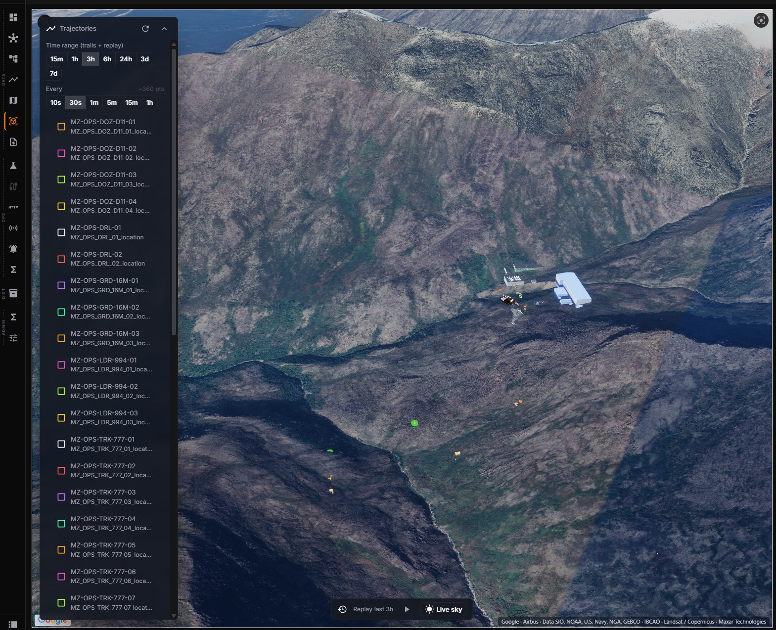 Trajectory replay over photoreal 3D terrain: dozers, drill rigs, graders, loaders and haul trucks selectable, with replay controls for the last three hours