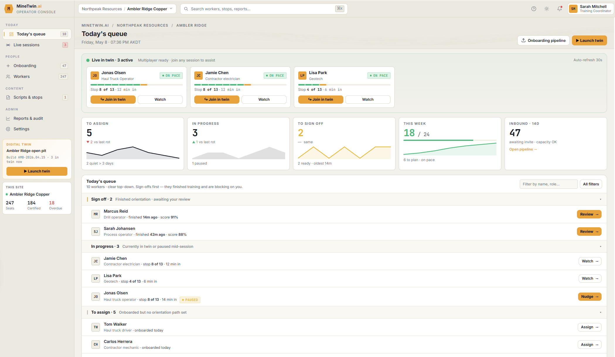 MineTwin Operator Console: today's onboarding queue with sign-off, in-progress and to-assign columns